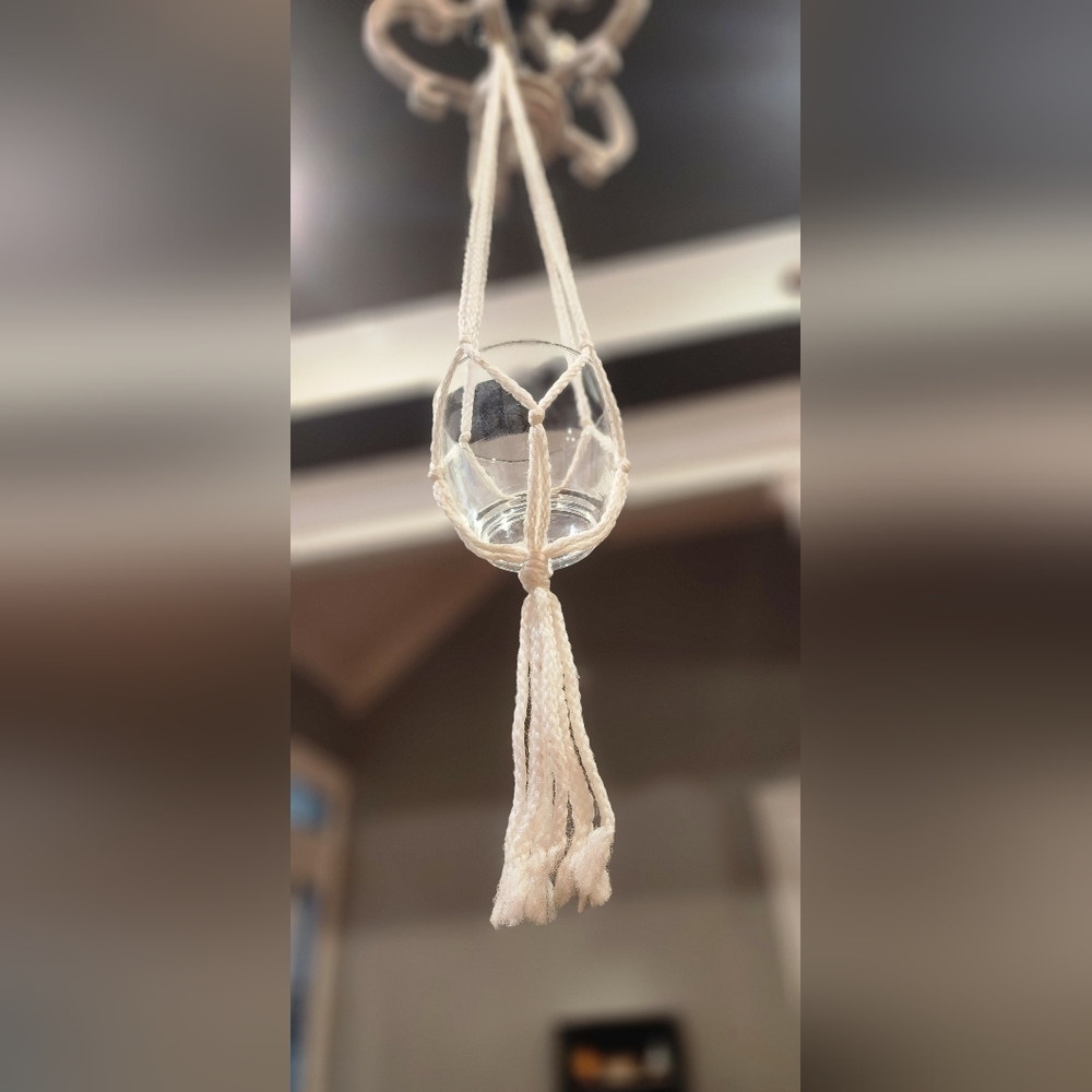 1970's Vintage White Macrame Hanging Planter